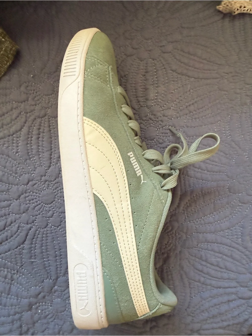 Puma Women's Suede Sneaker in Sage Green with White Stripe